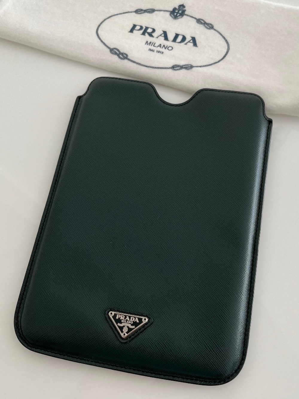 Prada iPad Mini Green Saffiano Black Leather Case Sleeve Pouch Triangle Logo